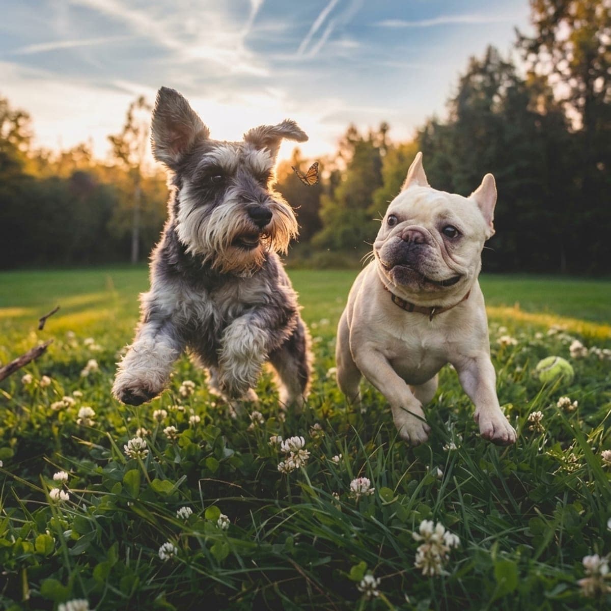 Dos perros corriendo por un campo de tréboles, al atardecer